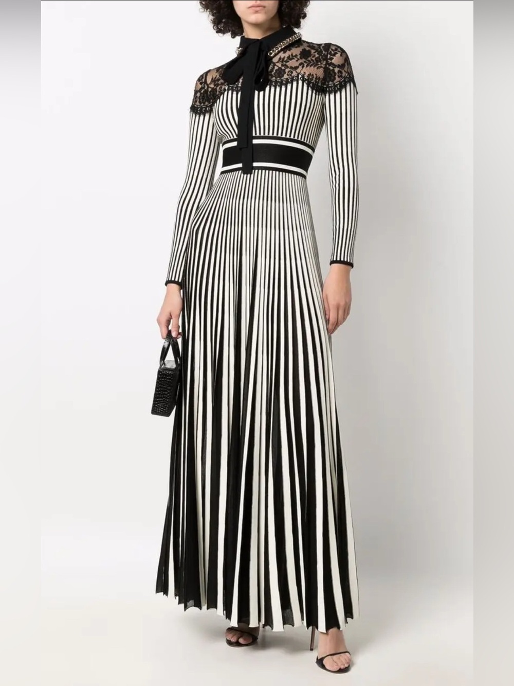 ELIE SAAB Floral Lace Knitted Long Sleeve Dress Black White Striped Chain Collar
